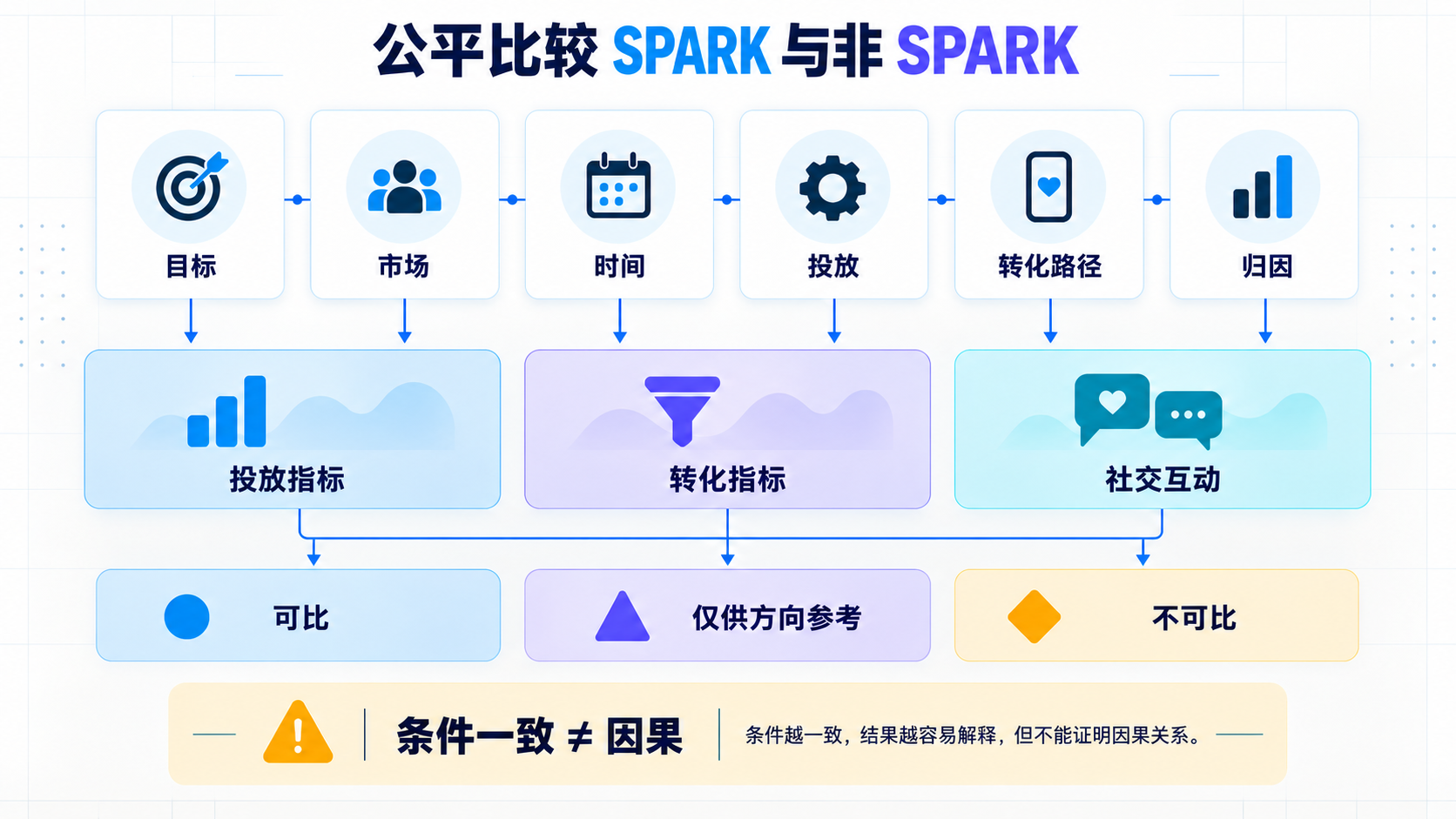 先对齐目标、市场、时间、投放、转化路径和归因,再检查投放、转化与社交互动。可比、仅供方向参考和不可比是可能的判断状态,并非三类指标的一一对应;条件一致仍不能证明因果关系。