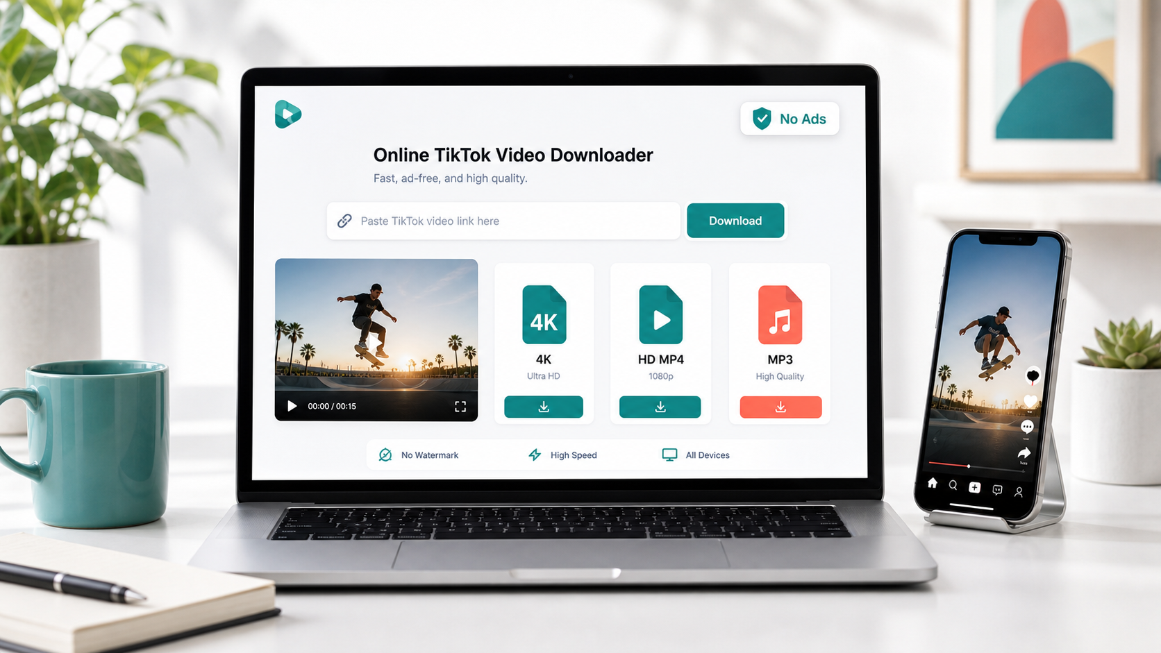 无广告在线 TikTok 视频下载器，支持无水印、4K、HD MP4 和 MP3