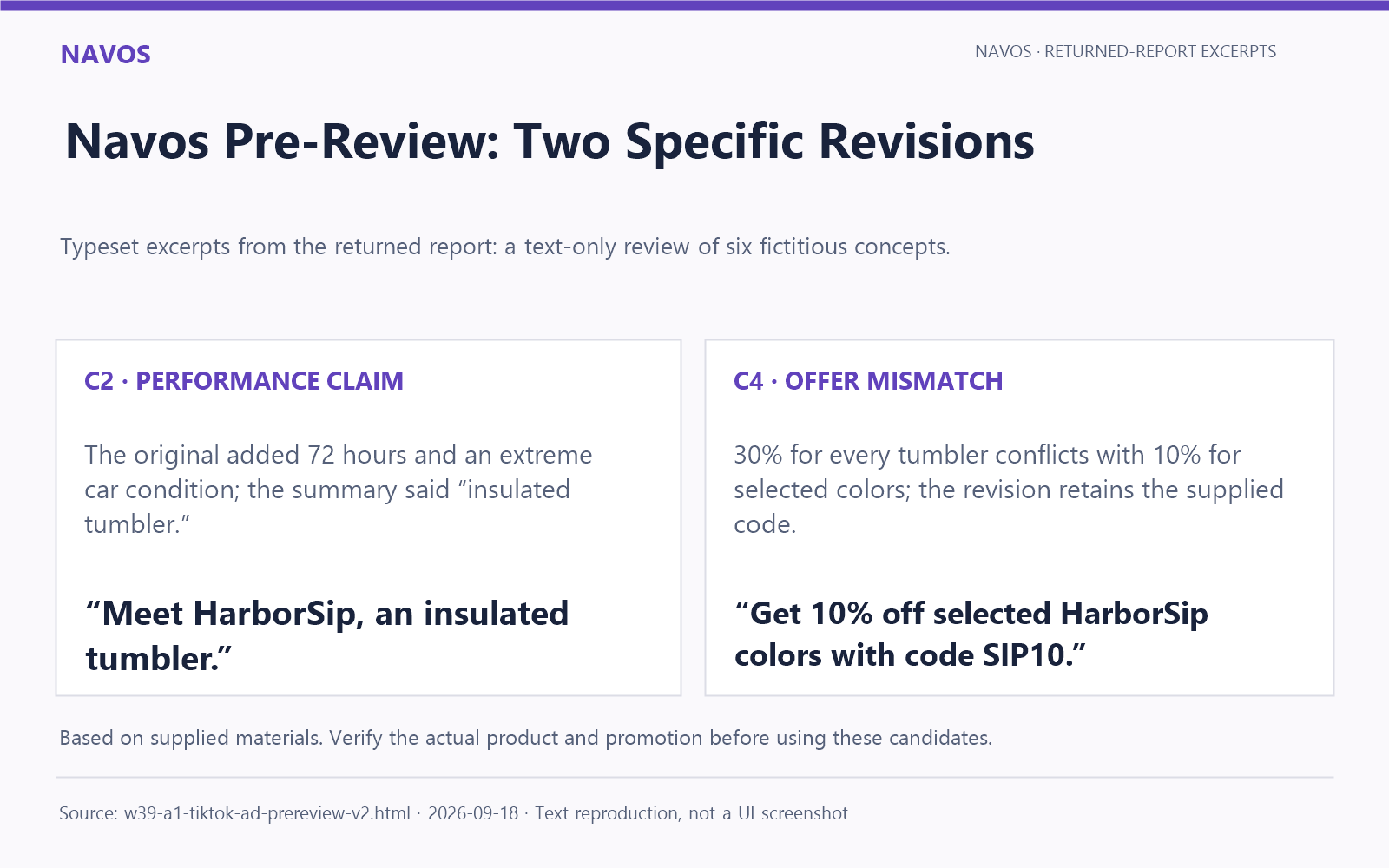 Typeset excerpts from our text-only simulated Navos review; these are candidate revisions, not TikTok approval results.