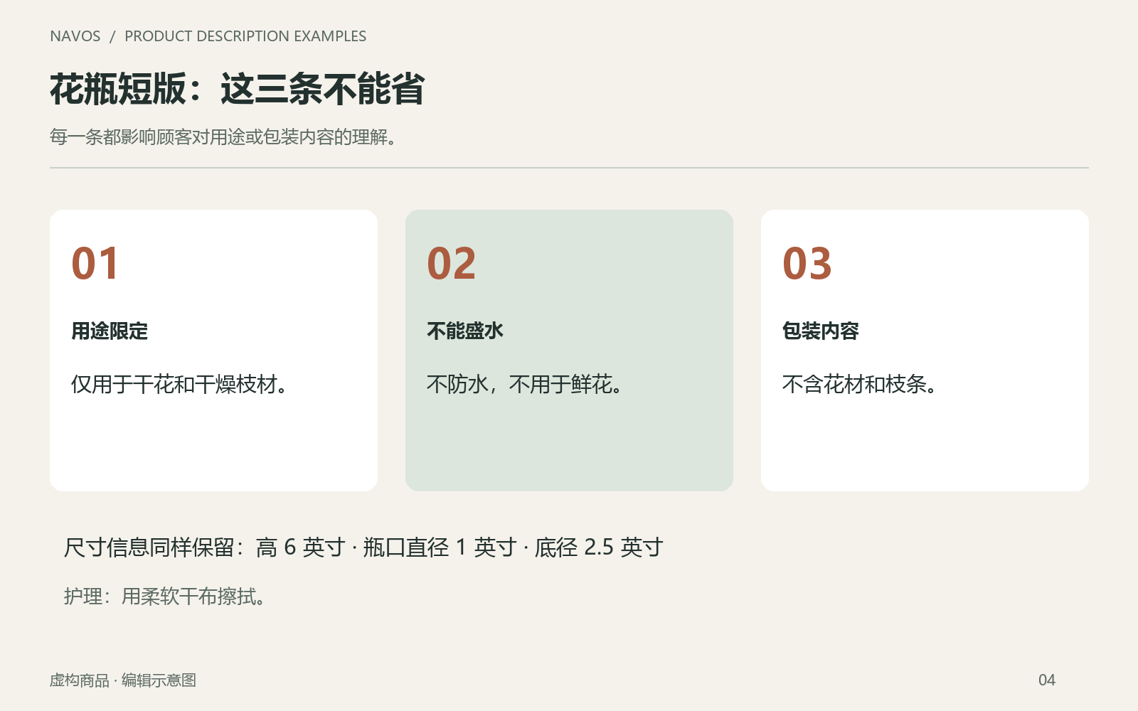 三项信息分别回答用途、盛水能力和包装内容，短版中也需要保留。