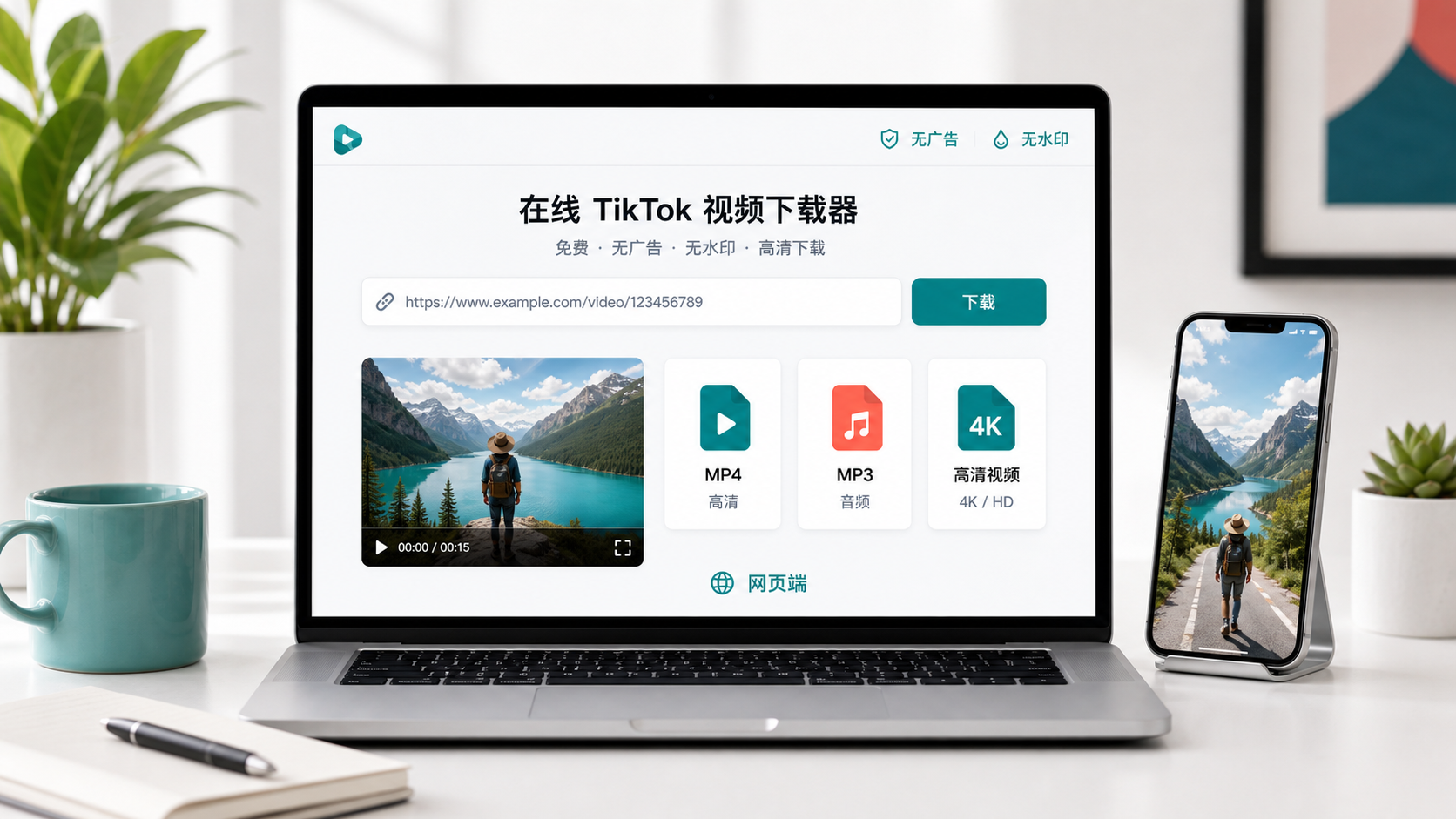 免费无广告在线 TikTok 视频下载器，支持无水印、MP4、MP3 和 HD/4K