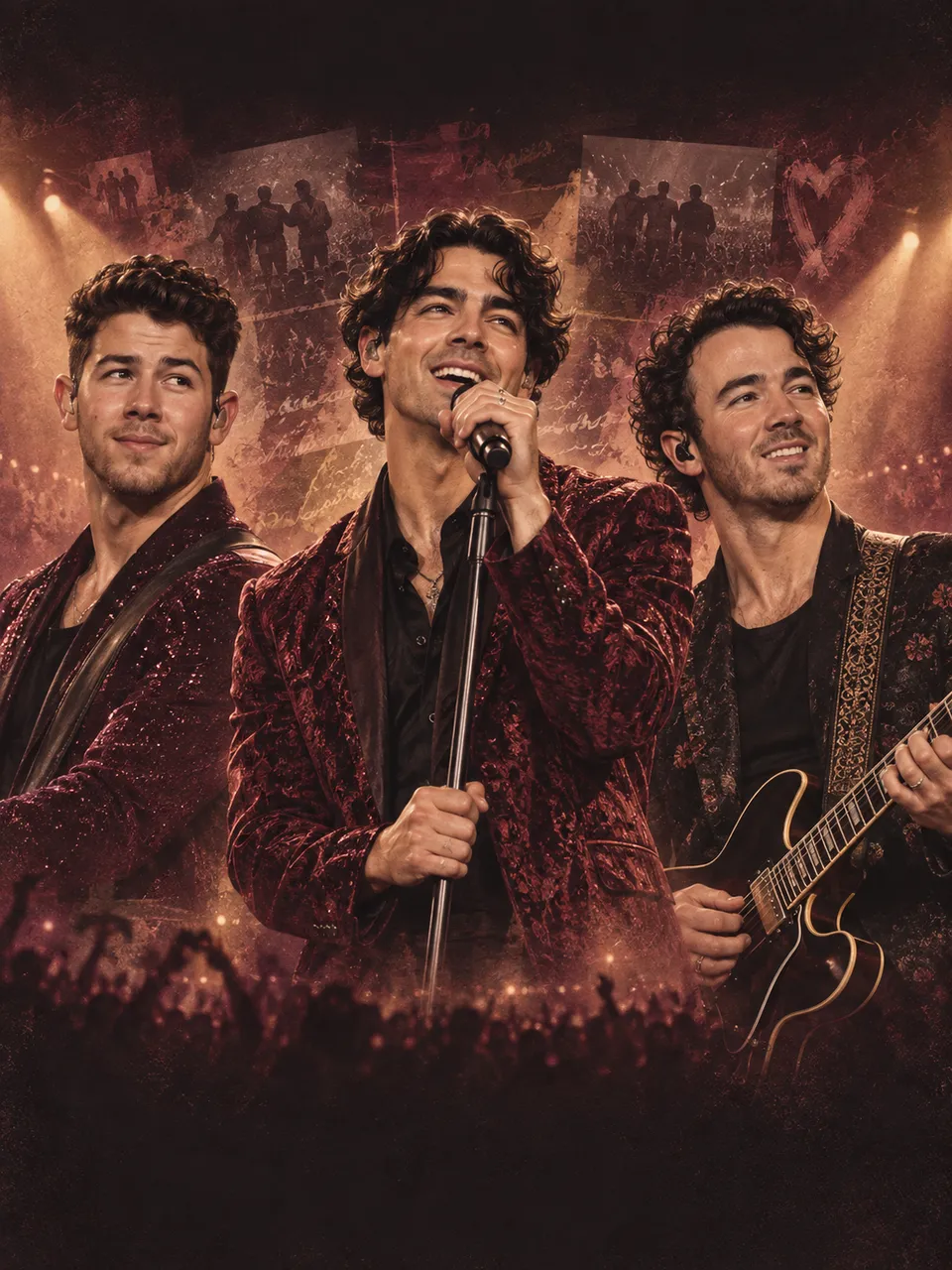 Nick、Joe 和 Kevin Jonas 三人的 AI 舞台主题插画，非真实演出照片