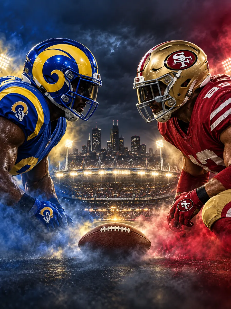 Rams 对阵 49ers 的 AI 主题插画：蓝金与红金头盔，非真实比赛照片